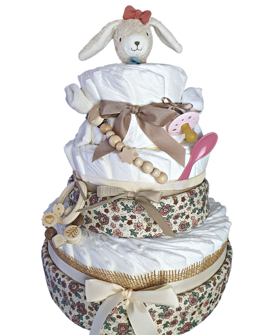 Windeltorte Rosa Flower mit Hase in XL mit 80 Pampers, Geschenk zur Geburt für Mädchen, Babyparty