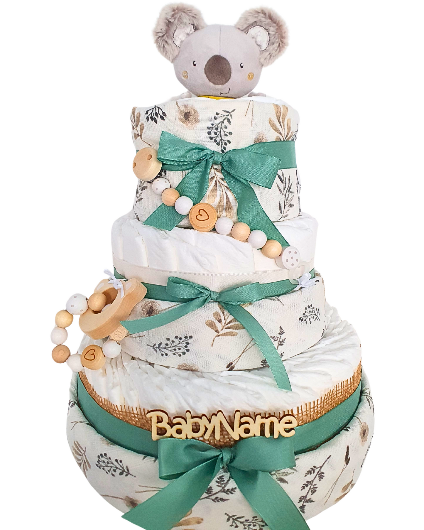 Windeltorte Grün Koala XL | Windeltorte für Mädchen und Junge | Geschenk zur Geburt | 80 Pampers | Personalisiert mit BabyName