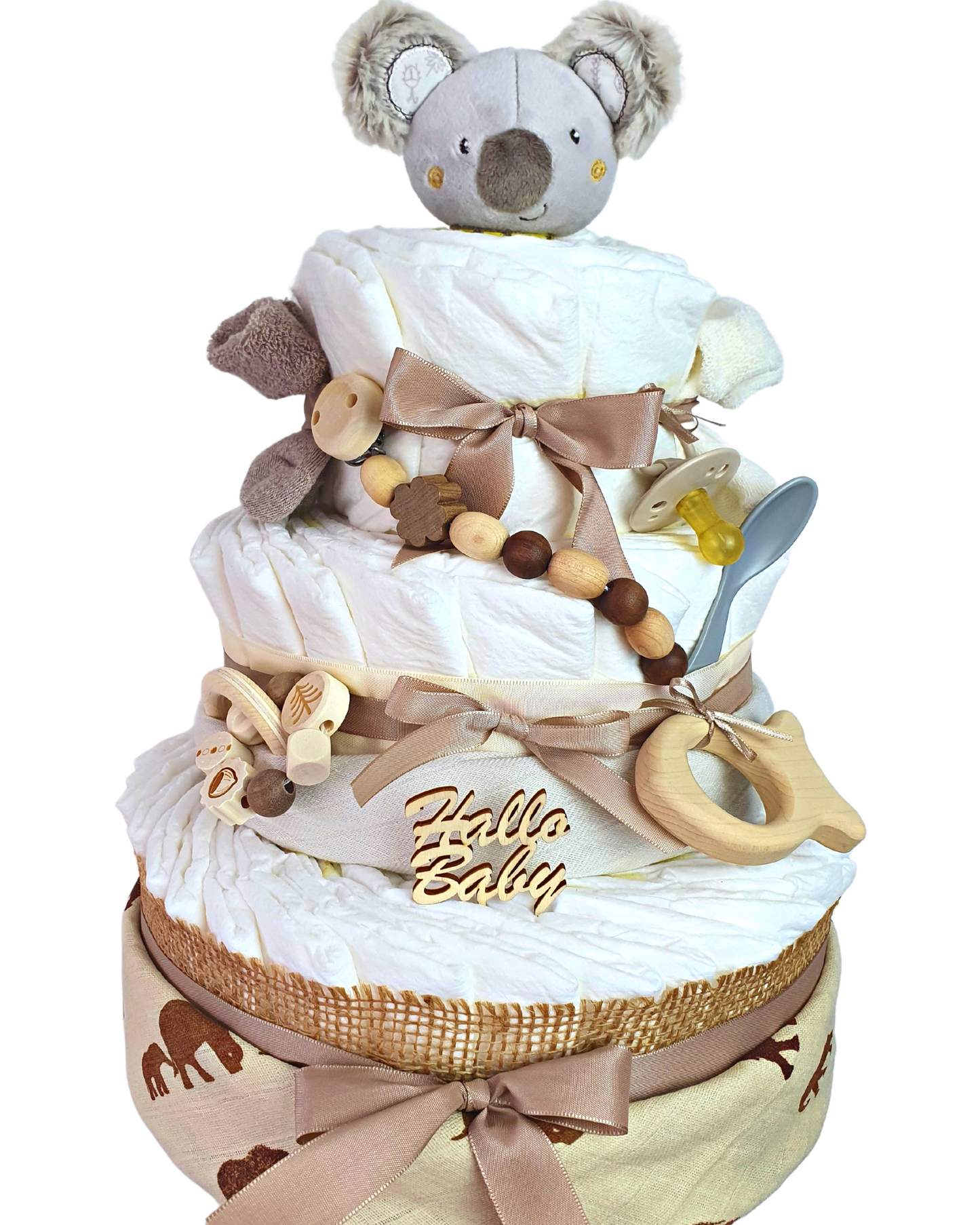 Windeltorte Beige Koala, neutrale Windeltorte, für Mädchen oder Junge, Pamperstorte, Geschenk zur Geburt oder Babyparty, 80 Pampers Windeln, große Windeltorte XL, HalloBaby