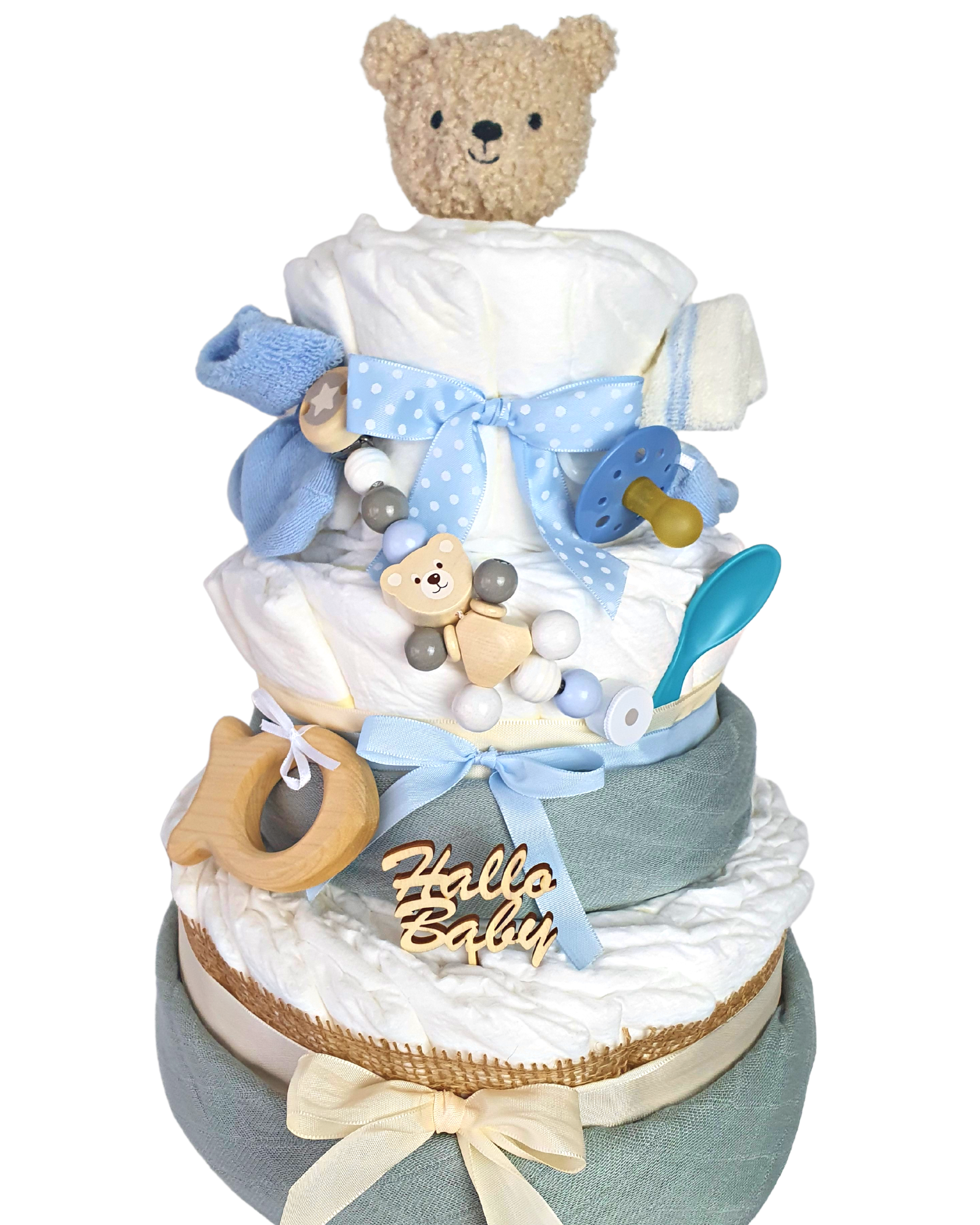 Windeltorte Blau Bär, Geschenk zur Geburt für Junge, Babyparty Geschenk, HalloBaby