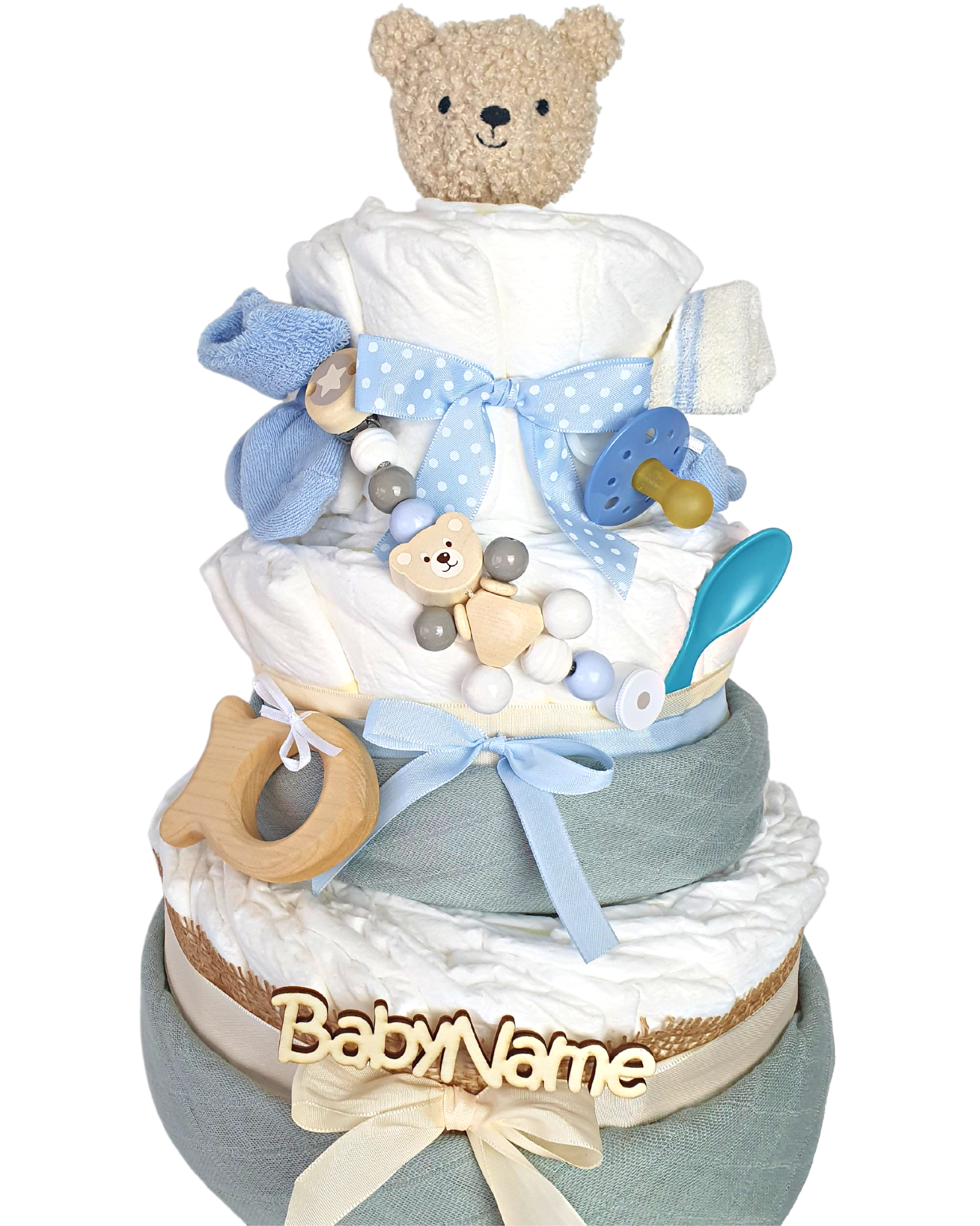 Windeltorte Blau Bär, Geschenk zur Geburt für Junge, Babyparty Geschenk, mit Name personalisiert