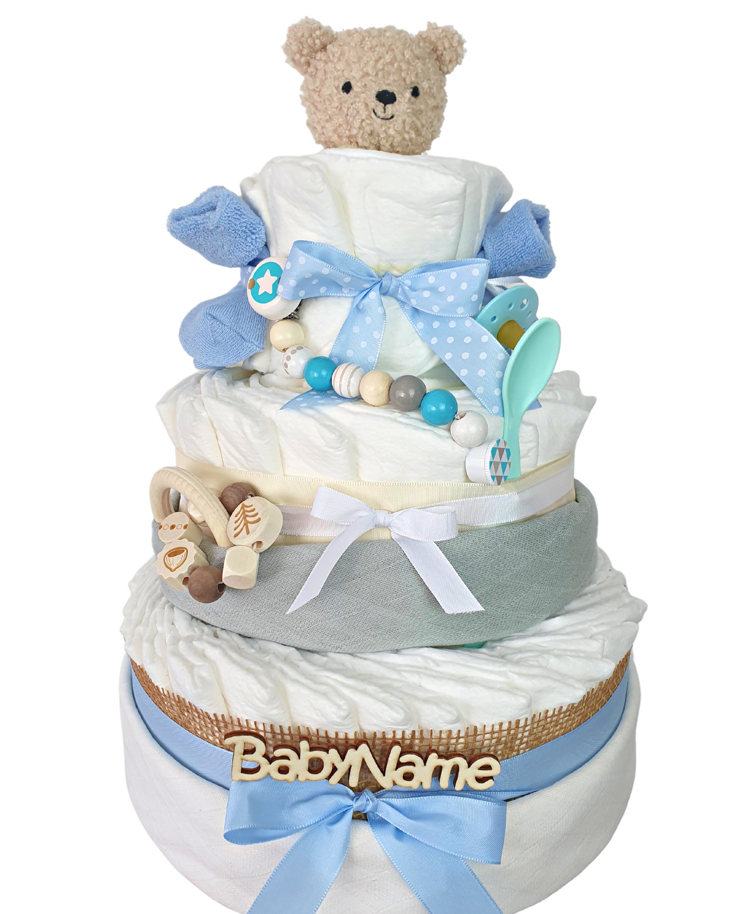 Windeltorte Blau XL | Geschenk zur Geburt Junge | Windeltorte für Junge | 80 Pampers | Personalisierbar mit Babynamen
