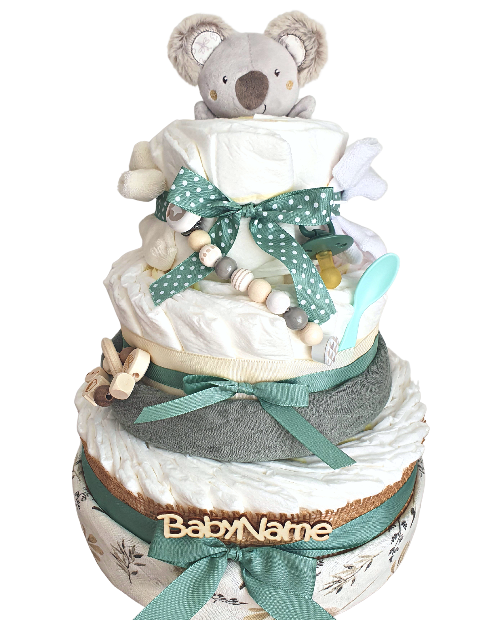 Windeltorte Grün Koala XL | Windeltorte für Mädchen und Junge | Geschenk zur Geburt | 80 Pampers | Personalisiert mit BabyName